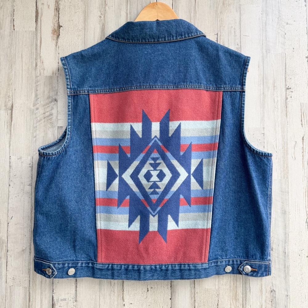 Pendleton Denim Vest Southwestern Wool Blanket Panel Aztec Geometric Women's XL